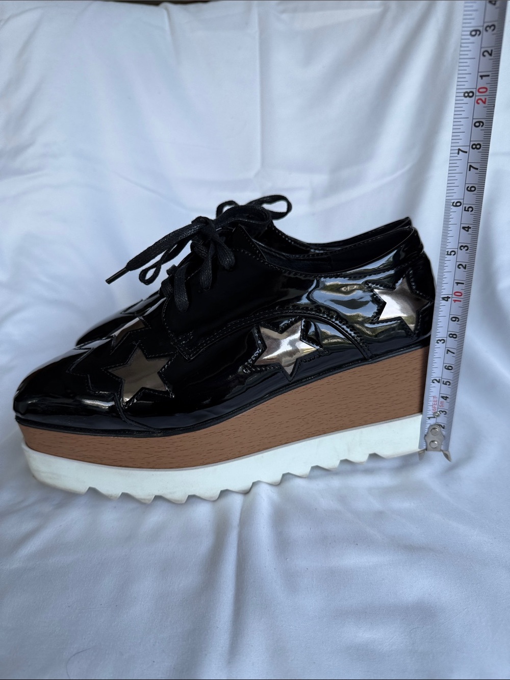 Designer inspired Black Patent Platform Lace-Up Shoes with Star Accents - Picture 9 of 9